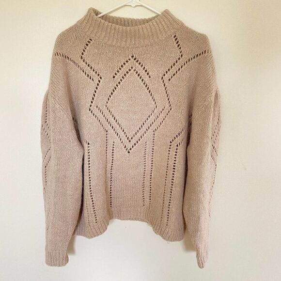 H&M Tan Eyelet Cable Knit Pullover Sweater Sweater Medium alpaca Wool Blend - Picture 1 of 12